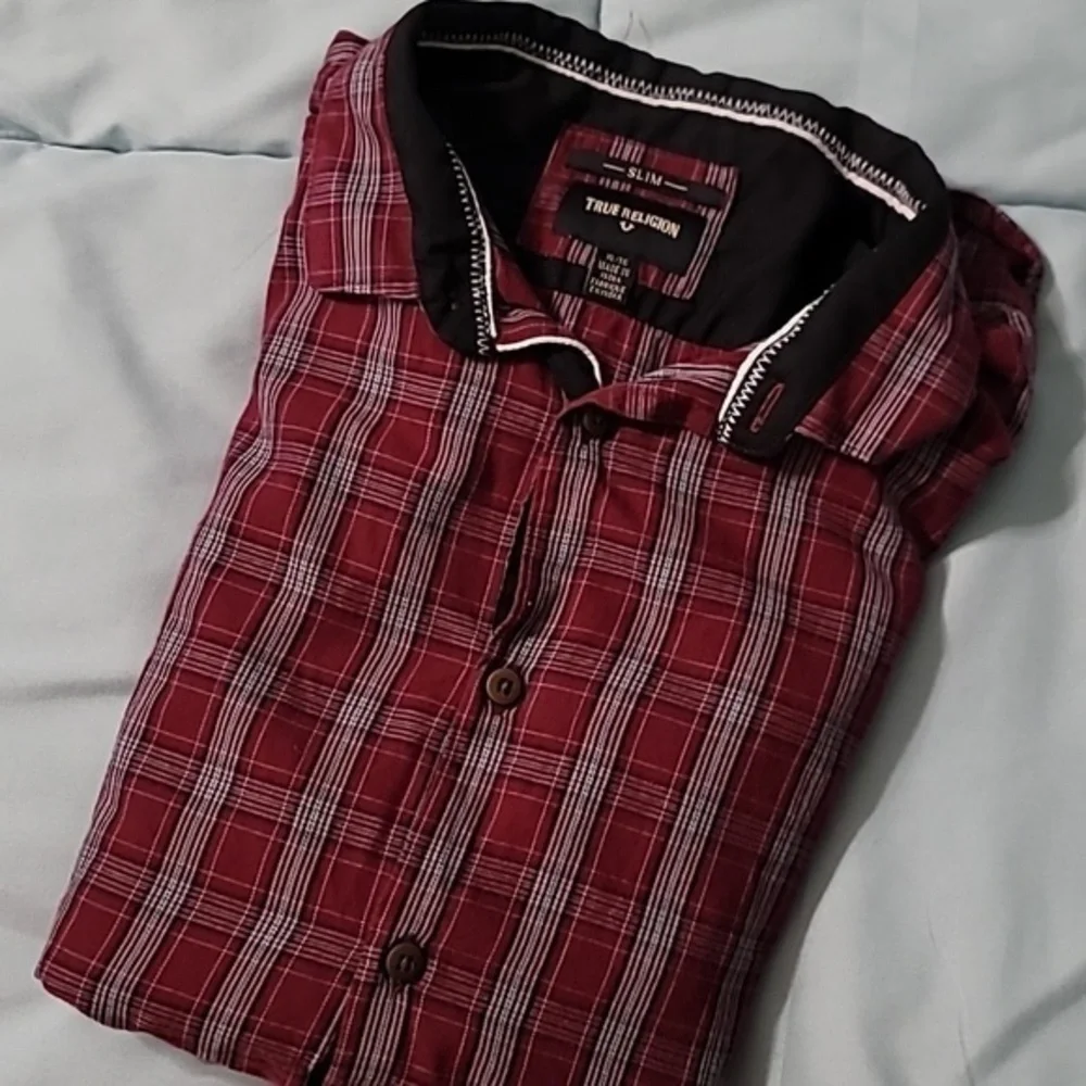 TRUE RELIGION‎ Maroon/White/Black Plaid LS Button-Down Slim Fit Shirt Men's XL